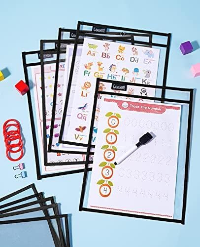 GAMENOTE 30 Pack Dry Erase Pockets, 10x14 Reusable Sleeves, Black